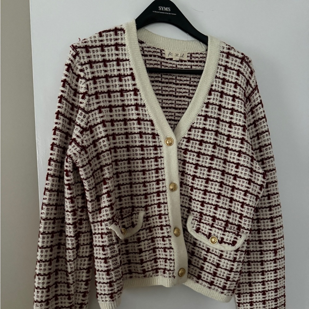 Plaid Knit Cardigan with Gold Buttons